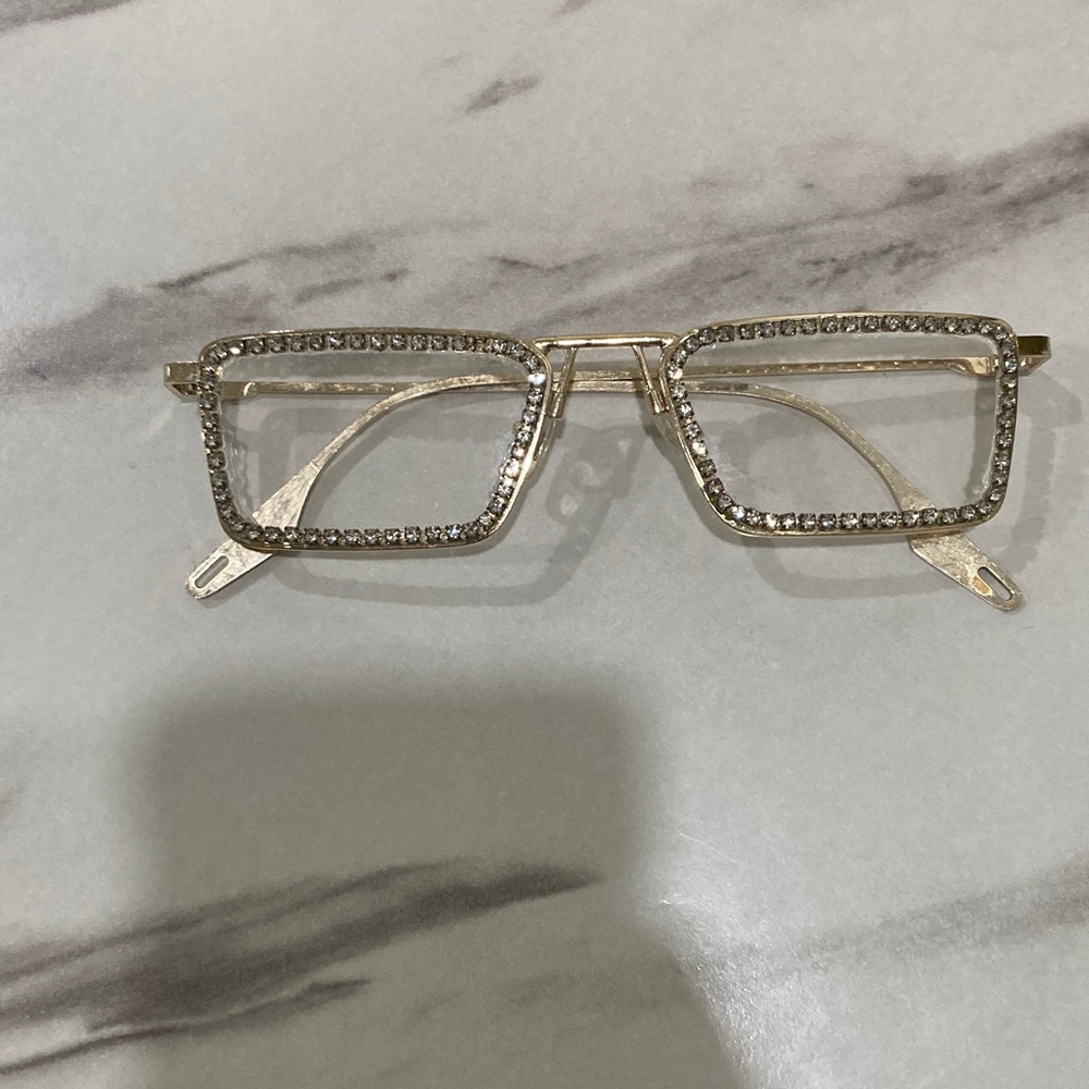 Gold Rhinestone Rectangle Frame Fashion Glasses - Picture 15 of 16